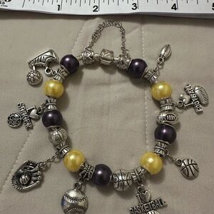 Handmade –NWOT – 925 SS plated charm bracelet. Yellow & purple beads, sports